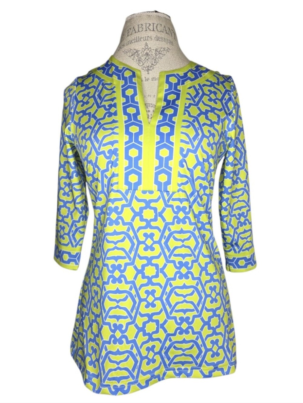 Gretchen Scott Henri Split Neck Tunic Chartreuse & Blue Moroccan Print Size XS